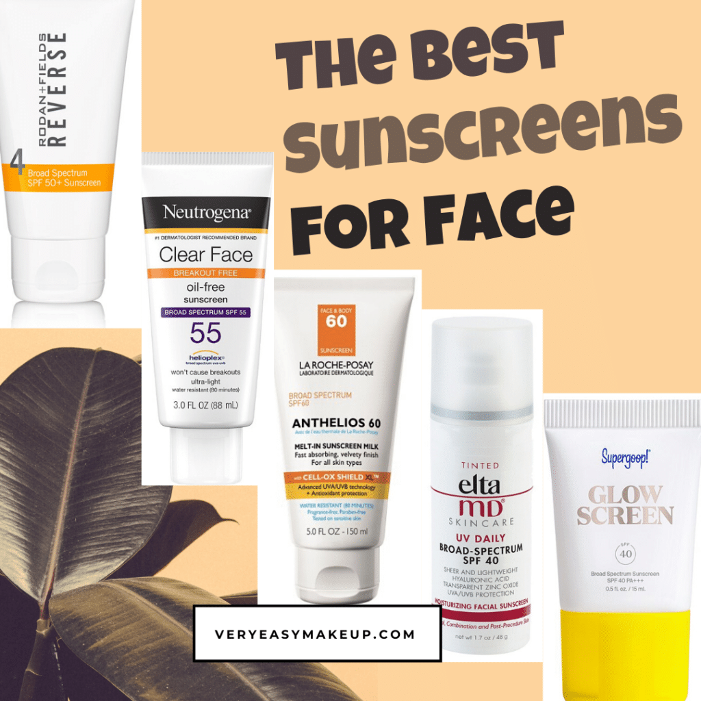 The best non-greasy sunscreens for your face with SPF by Elta MD, Rodan and Fields Reverse SPF 50 Sunscreen, Supergoop Glowscreen SPF 40, Neutrogena Clear Face SPF 55 Sunscreen, and La Roche Posay Sunscreen Lotion with SPF 60