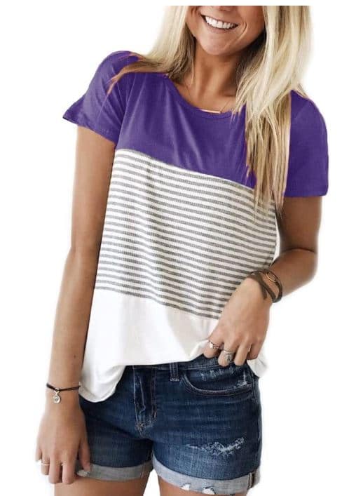 YunJey Round Neck Triple Color Block Stripe T-Shirt