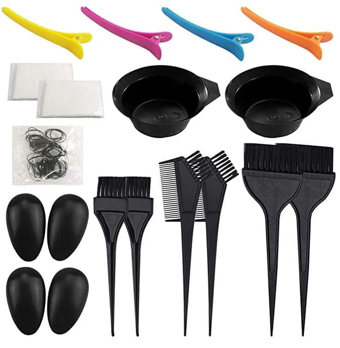 hair dye coloring kit from Amazon with tint brush, mixing bowl, gloves, and hair clips