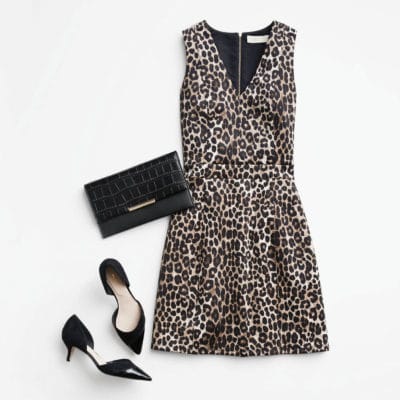 Stitch fix leopard print dress, black heels, and black crocodile purse