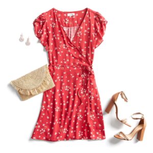 Stitch Fix outfit with red, wrap, floral dress for summer 2020