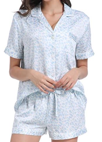 soft, silk, satin PJs from Amazon for her under $30 in white, blue, and pink leopard print