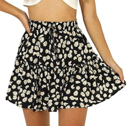 girly and feminine Floral High Waist Drawstring Ruffle Flared skirt with sunflowers and daisies in black, yellow, and white for a girly look and girly outfit this fall and summer 2020