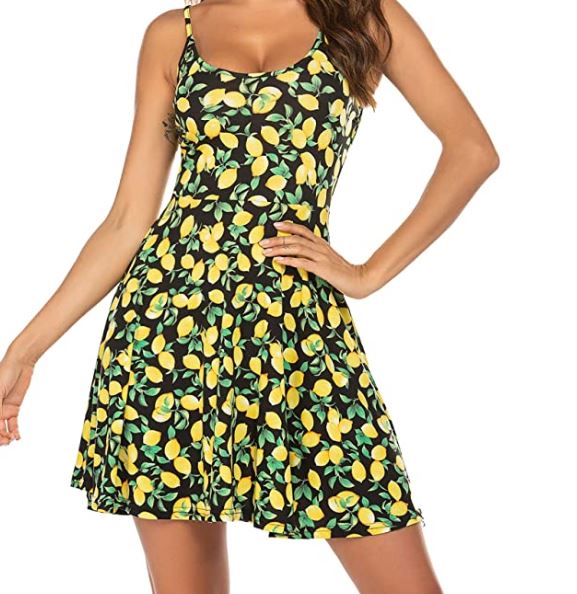 fun, flirty,feminine, A-line dress from Amazon with lemons, flowers, brown with leaves, red polka dots, tie-dye, stripes, or lillies