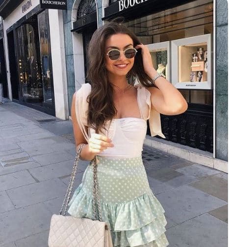 girly outfit for summer and fall 2020 of a white, ruffle top and a green and white polka dot skirt on a feminine, girly girl