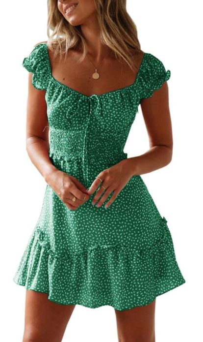 Summer or Fall girly, feminine, and sexy Ruffle Sleeve Sweetheart Neckline Printing Dress Mini Dress from Amazon in green, blue, white, red, and black