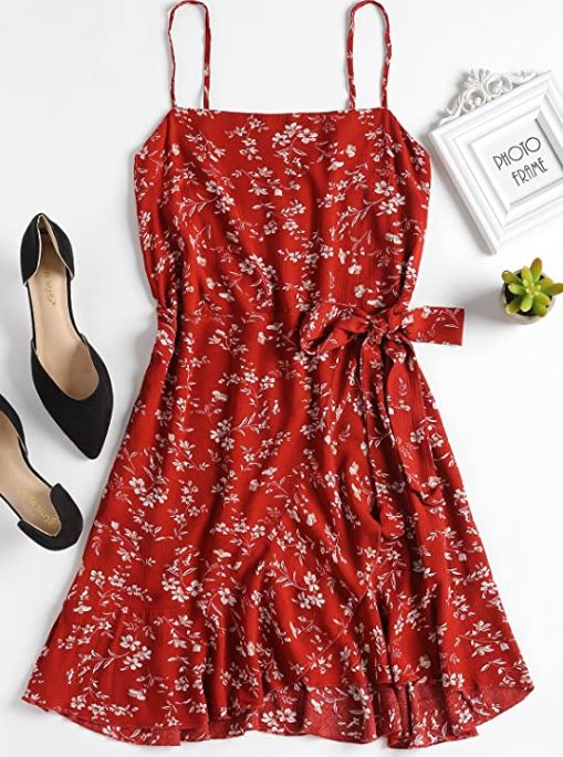 feminine, red, floral mini dress for summer or fall 2020 to pair with heels or boots for a girly look
