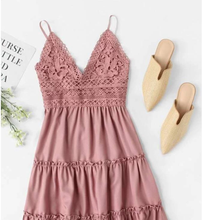 girly, feminine, pink dress by Sheln with Spaghetti Strap Lace Back Tie Embroidery Tiered Seam Dress