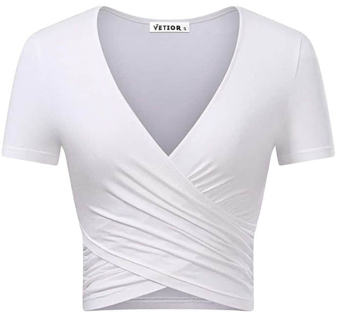 sexy. white wrap shirt to wear with a cute, short skirt for a date night, a sexy look, a girly outfit, or a feminine top to show off your bust on Amazon this fall and summer