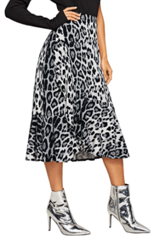 black and white A line leopard print skirt to copy the Stitch Fix blue leopard print skirt and to copy the look of the model in the ad for Stitch Fix for fall fashion outfits and Stitch Fix fall outfit ideas