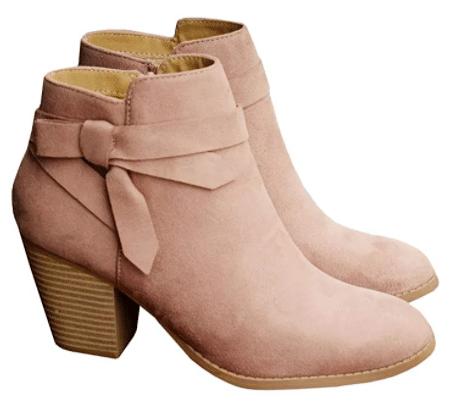 Chelsea pump ankle suede booties in light pink and tan to wear with leggings or skinny jeans for fall outfits