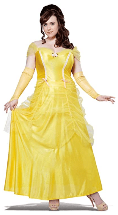 Disney Belle plus size Halloween costume on Amazon of Belle with long, yellow gown and dress