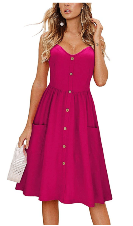 The KILIG midi dress in bright pink, hot pink, and red with pockets as a super cute, feminine, and comfortable dress on Amazon recommended by Very Easy Makeup as one of the best dresses on Amazon for women to wear on a date in the summer