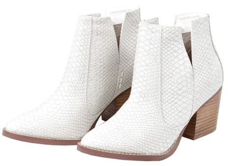Kathemoi Womens White Snakeskin Ankle Boots_Chunky Stacked Mid Heel Booties to wear with short dresses and leggings on a date