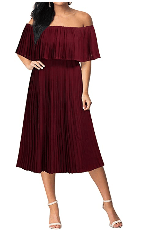 fall wedding guest dress from Amazon that is the Mmondschein Women's Off Shoulder Chiffon Wedding Bridesmaid Evening Party Midi Dress for fall wedding guest dress that is under $30 and recommended by Very Easy Makeup