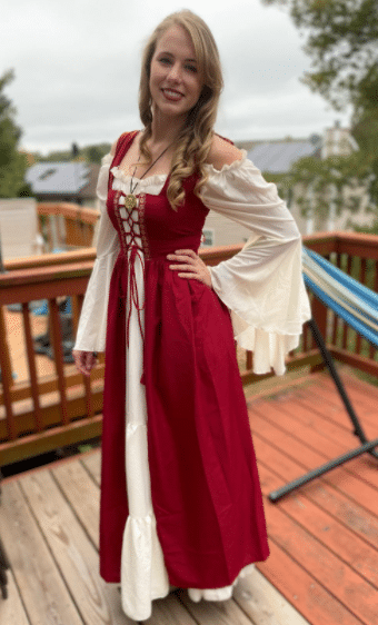 Mythic Renaissance Medieval woman Halloween Irish Costume Over Dress in red, white, black, green, or blue colors