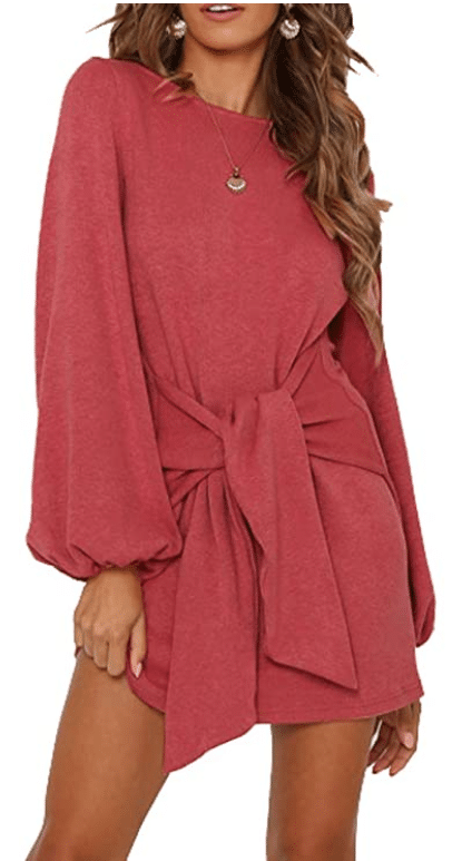 sexy red R. Vivimos knitted tie waist sweater dress on Amazon that hits at the knees for a fall outfit idea and fall dress recommended by Very Easy Makeup as one of the best dresses on Amazon for under $50