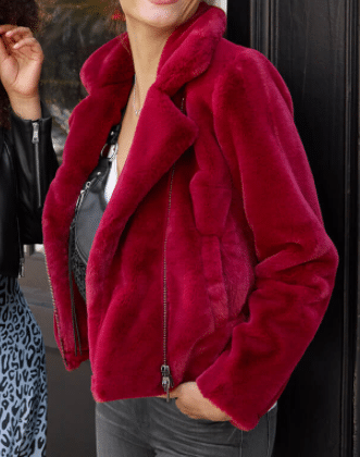 Red Faux fur jacket in Stitch Fix fall 2020 fashion ad with two models