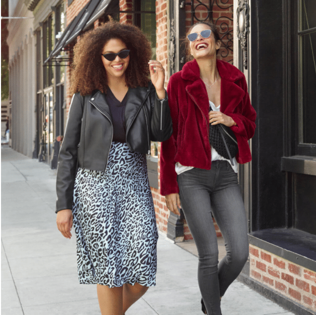 Stitch FIx Fall Models - Where to Buy Similar Outfits and the Clothing with Blue Leopard Print Skirt, Leather Jacket, and Red Plush Jacket
