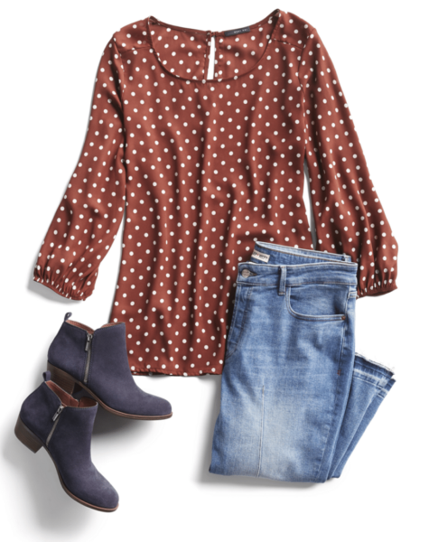Stitch Fix Fall 2022 outfit to copy with white and red polka dot blouse and jeans and booties