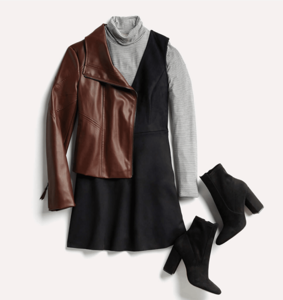 Stitch Fix Fall 2020 work and professional outfit with v-neck black and white dress and brown leather jacket and black high heel booties