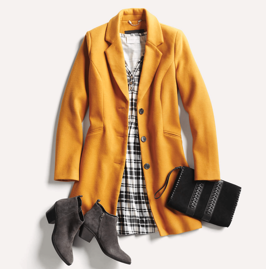 Stitch Fix Fall 2020 cute weekend outfit with yellow jacket, booties, and black and white checkered dress