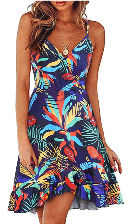 floral, Hawaiian, tropical print dress by ULTRANICE Womens Summer Floral Wrap V Neck Adjustable Spaghetti Casual Ruffle Dress is one of the best dresses on Amazon according to Very Easy Makeup