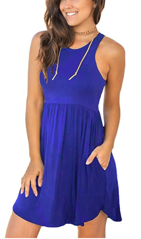 Blue Unbranded sleeveless dress on Amazon with pockets, a high neckline, sleeveless that hits at the knees as a casual summertime and stretchy dress recommended by Very Easy Makeup as one of the best dresses on Amazon under $30