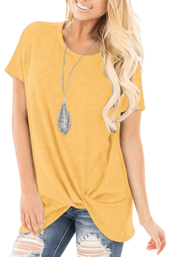 V-neck casual yellow t-shirt for fall outfits to pair with jeans and booties for a cute fall outfit idea