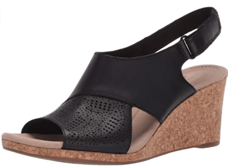 black leather open toe wedges and comfortable sandals by Clarks to wear with Stitch Fix fall 2020 outfits and Stitch Fix summer outfits