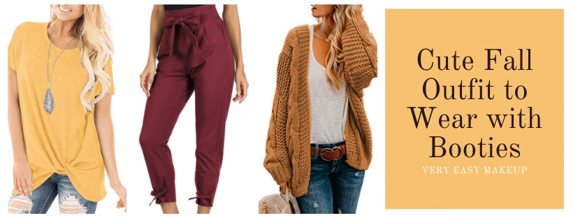 cute fall outfit idea and fall 2020 outfit ideas by Very Easy Makeup to wear with booties that includes a yellow t-shirt, red pants, and oversized cardigan from Amazon
