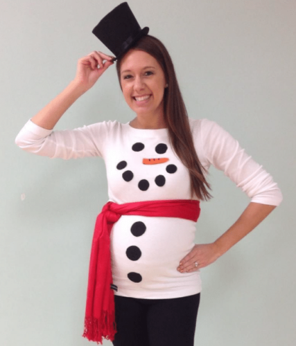 cute snowman costume for maternity DIY Halloween Costume and pregnant woman with hat and red scarf