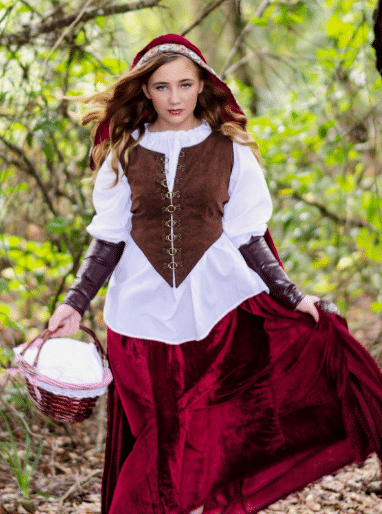 deluxe Little Red Riding Hood Halloween costume for women to stay warm with red velvet and a long, red cape