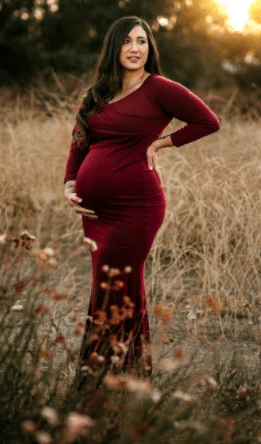 dark red sexy off the shoulder outdoor maternity photo shoot dress for fall