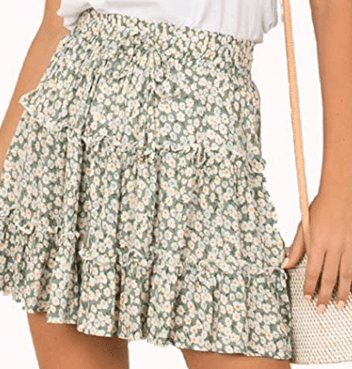 feminine blue and white flower A-line ruffle mini skirt with ruffles and A-line from Amazon recommended by Very Easy Makeup