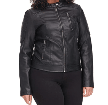 plus size faux leather short, cropped leather black jacket on Amazon to the look of the model in the ad for Stitch Fix for fall fashion outfits and Stitch Fix fall outfit ideas