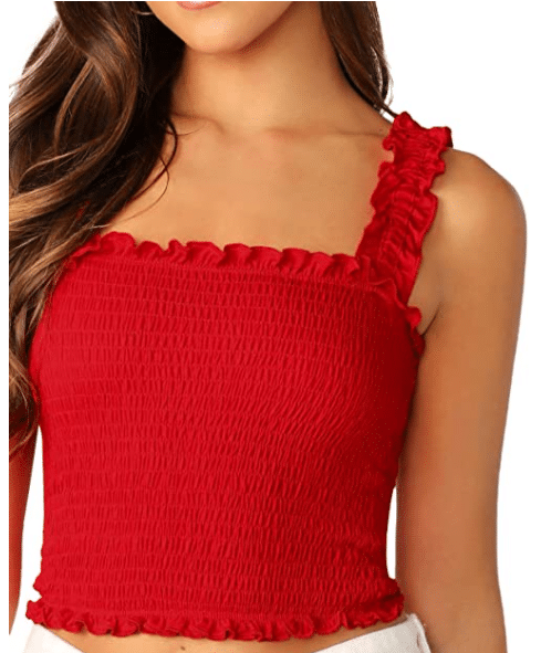 cute, short, feminine crop top in red with ruffles for a feminine shirt in the summer and a Stitch Fix fall or summer outfit idea