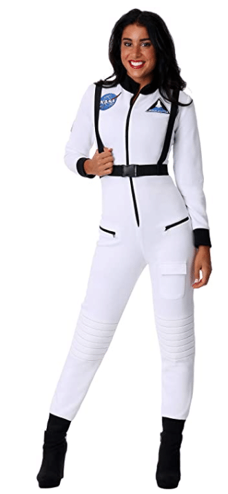 sexy and warm Halloween costume idea for women to be an astronaut wearing a white suite with long sleeves and pants for Halloween 2020