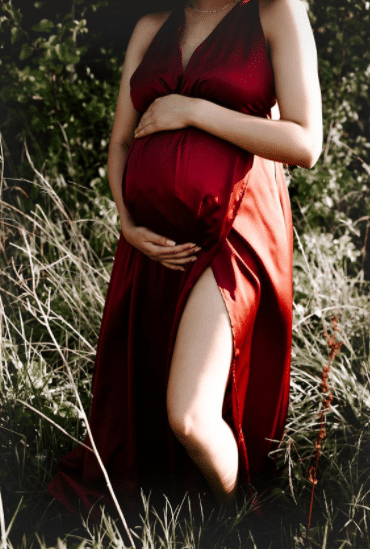 sexy dark red, silk and satin maternity photoshoot dress with v-neck and high leg cut