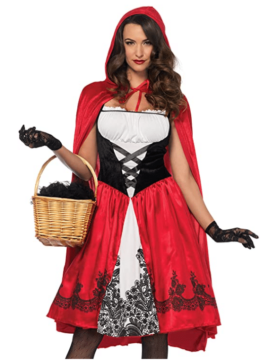 sexy little Red Riding Hood Halloween costume for adult women on Amazon with ruffles in black and white and red cape