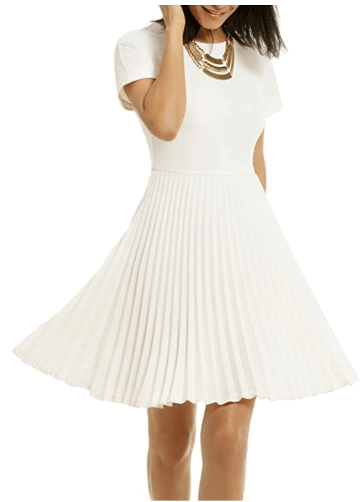 simple, white, short wedding dress or engagement photo dress with pleats from Amazon and recommended by Very Easy Makeup