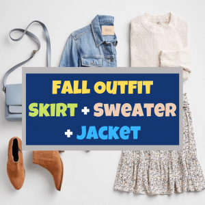 Stitch Fix fall outfits and fall outfit idea with skirt, sweater, and jean jacket by Very Easy Makeup