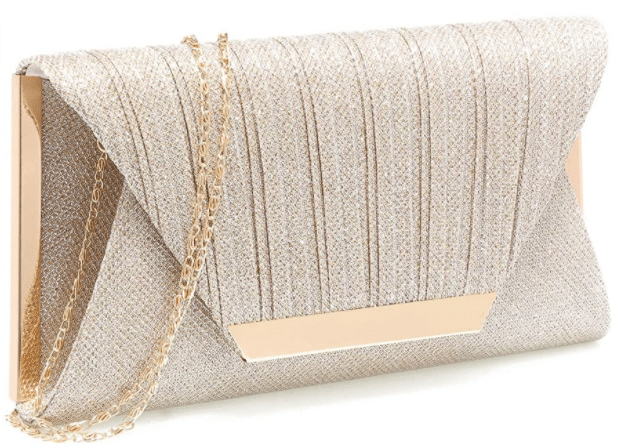 sparkly gold clutch purse and evening bag for women on Amazon for under $30 to wear for a date night, wedding guest dress, or fall wedding