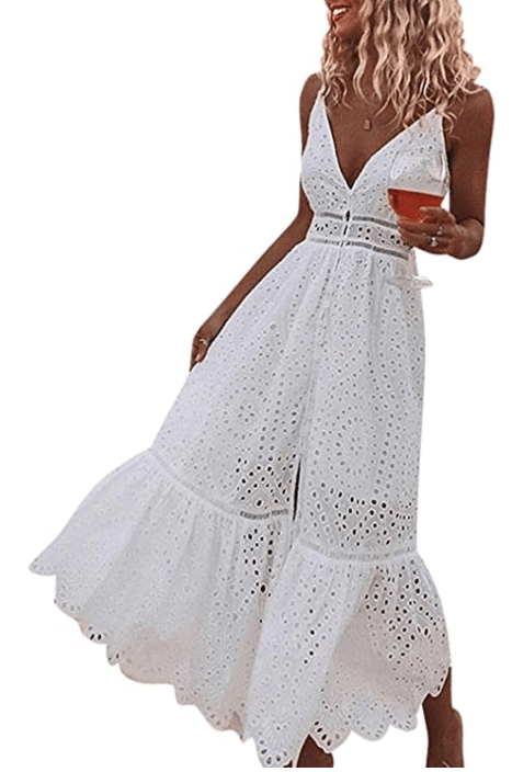 v-neck white maxi dress for engagement photos in the fall and beach engagement photos