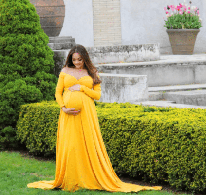 yellow spring maternity photo shoot dress for outside and outdoor pictures - Saslax Maternity Off Shoulders Half Circle Gown for Baby Shower Photo Props Dress