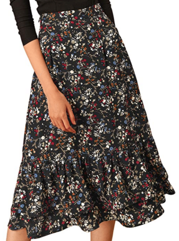 A-Line floral black and red floral print A-line midi skirt with ruffles for fall and winter outfits from Stitch Fix