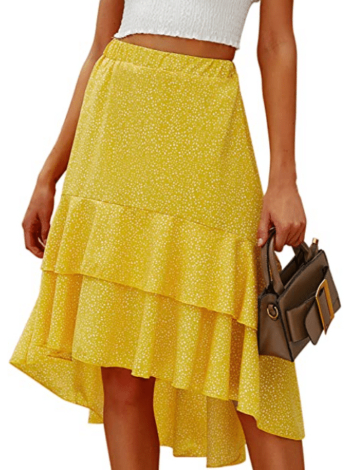 A-Line yellow, feminine skirt with ruffles and a floral print that hits below the knees midi skirt for fall and summer Stitch Fix outfit ideas