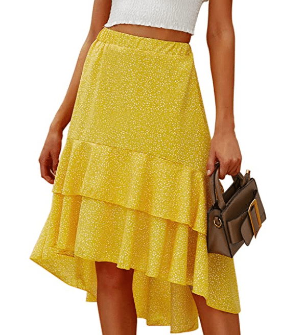 A-Line yellow, feminine skirt with ruffles and a floral print that hits below the knees midi skirt for fall and summer Stitch Fix outfit ideas