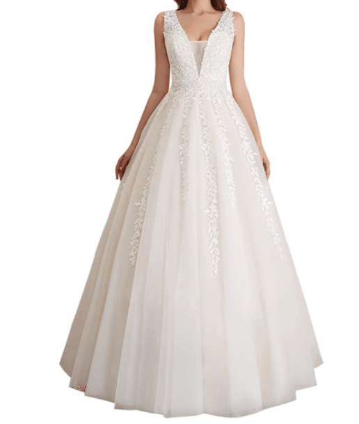 A-line v-neck ivory dress and gown with mermaid cut and sheer train for Yule Ball dress idea for sale online from Amazon