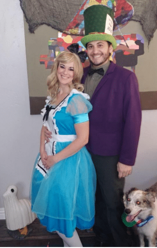 Alice in Wonderland couples adult Halloween costume that you can add magic potion for a liquor and drinking theme